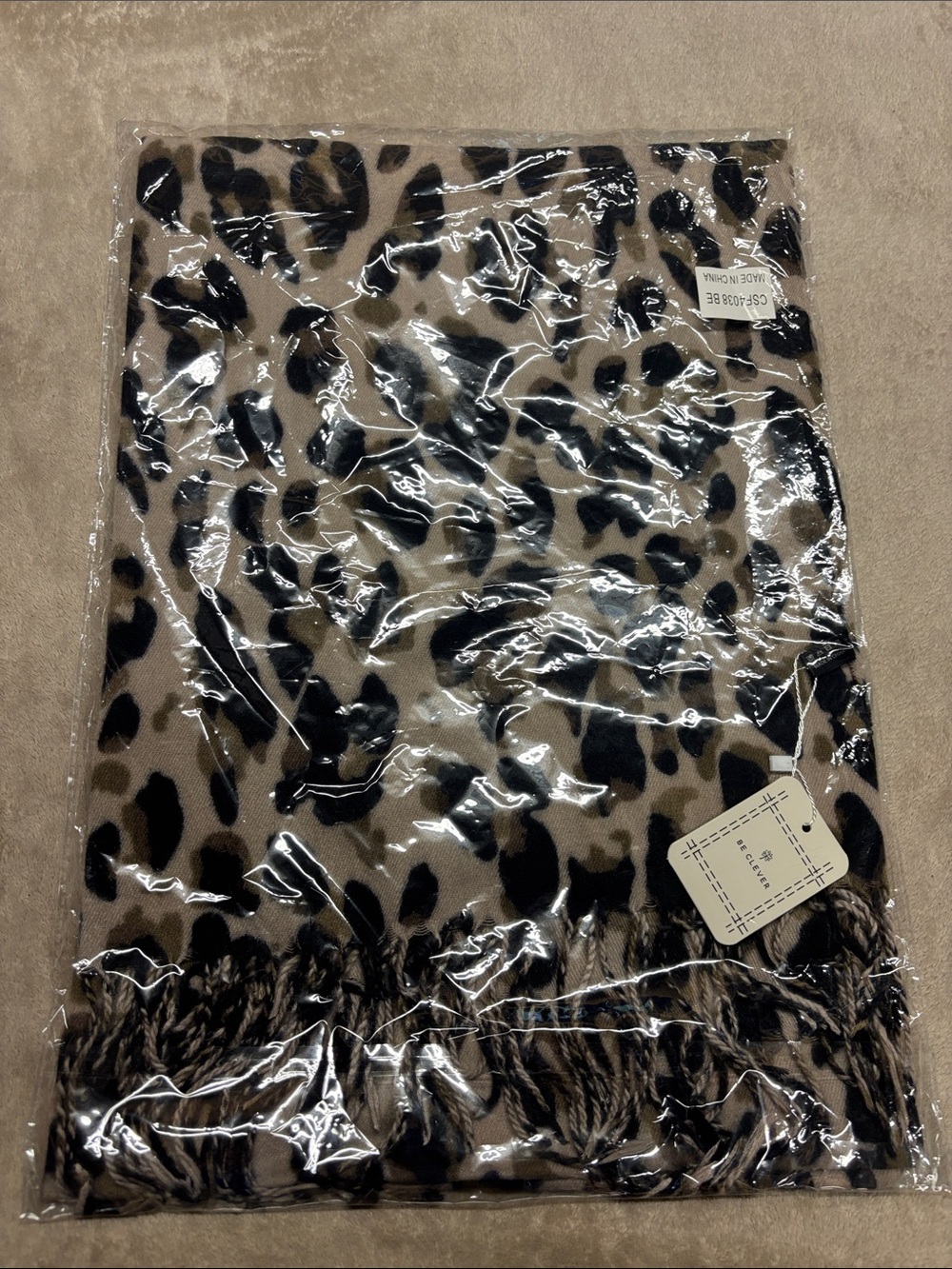 Leopard Print Beige and Black Fringe scarf